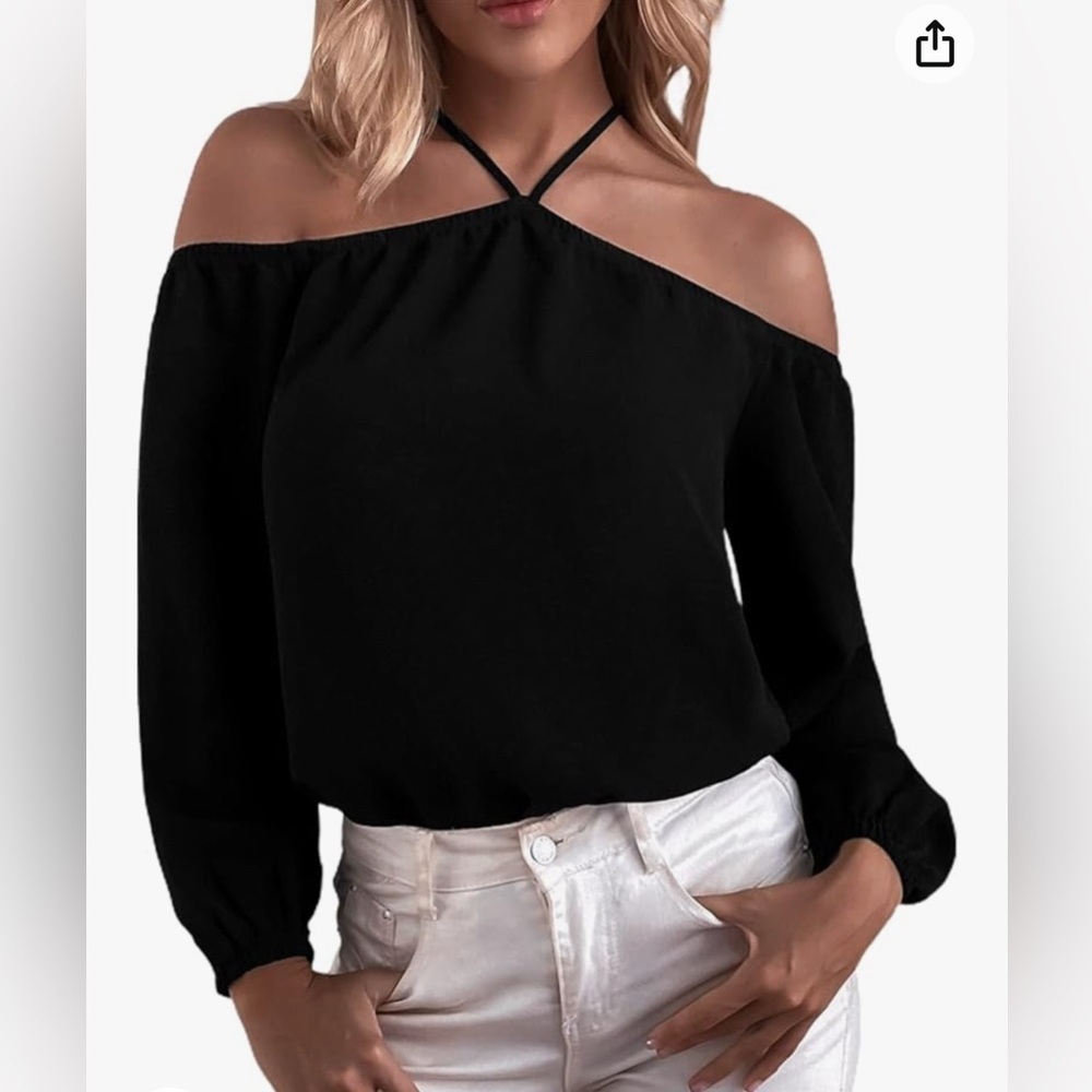 Cold Shoulder Halter Blouse Top, Black Size L